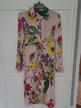 Zara Pink Stripe Floral Twist-Front Long Sleeve Midi Dress